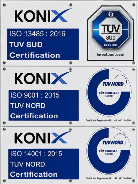 ISO 13485, ISO 9001 and ISO 14001 certifications — TÜV SÜD and TÜV NORD audited
